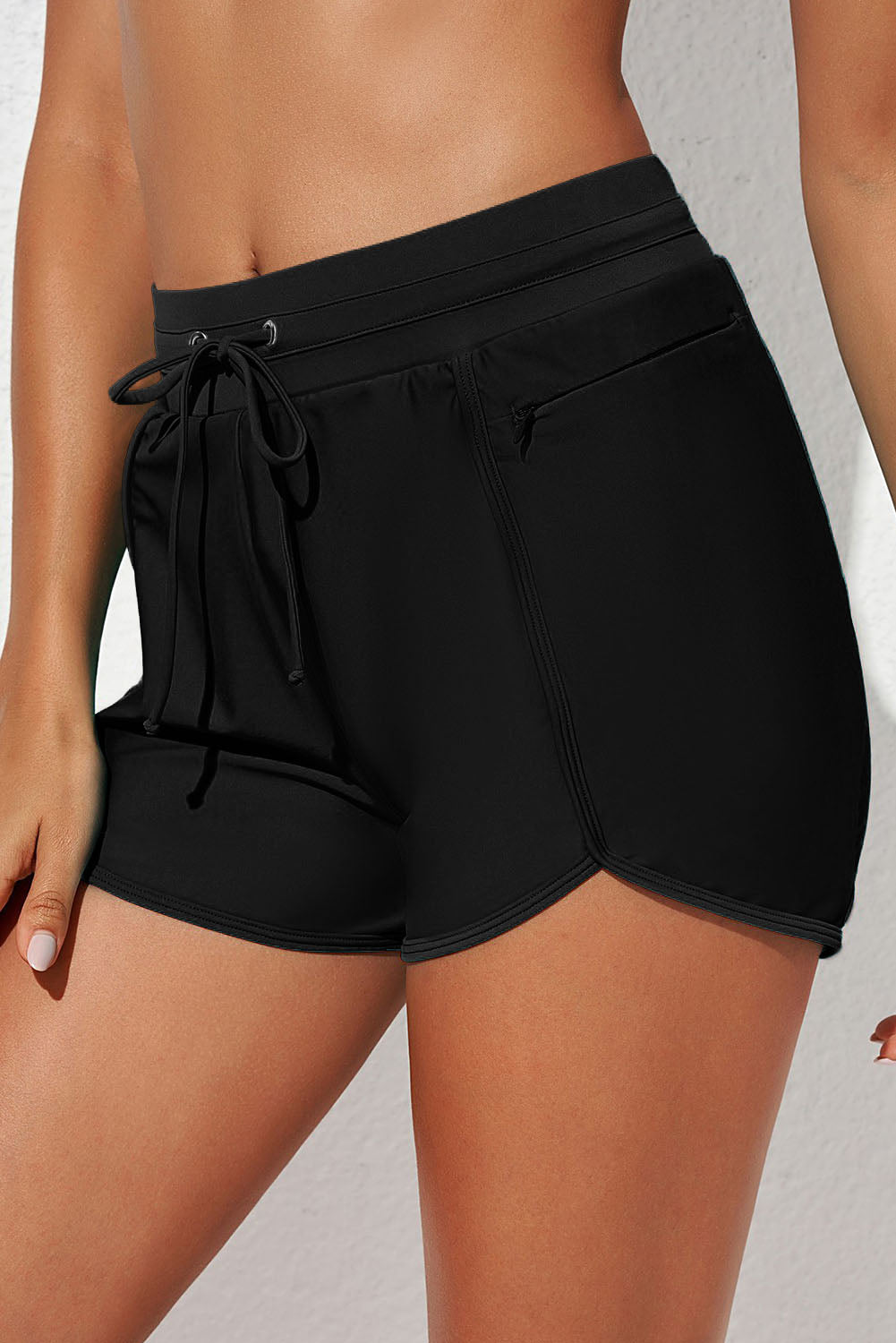 Black Zip Pocket Drawstring Swim Bottom