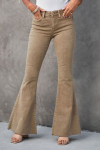 Khaki Raw Hem High Waist Flare Jeans