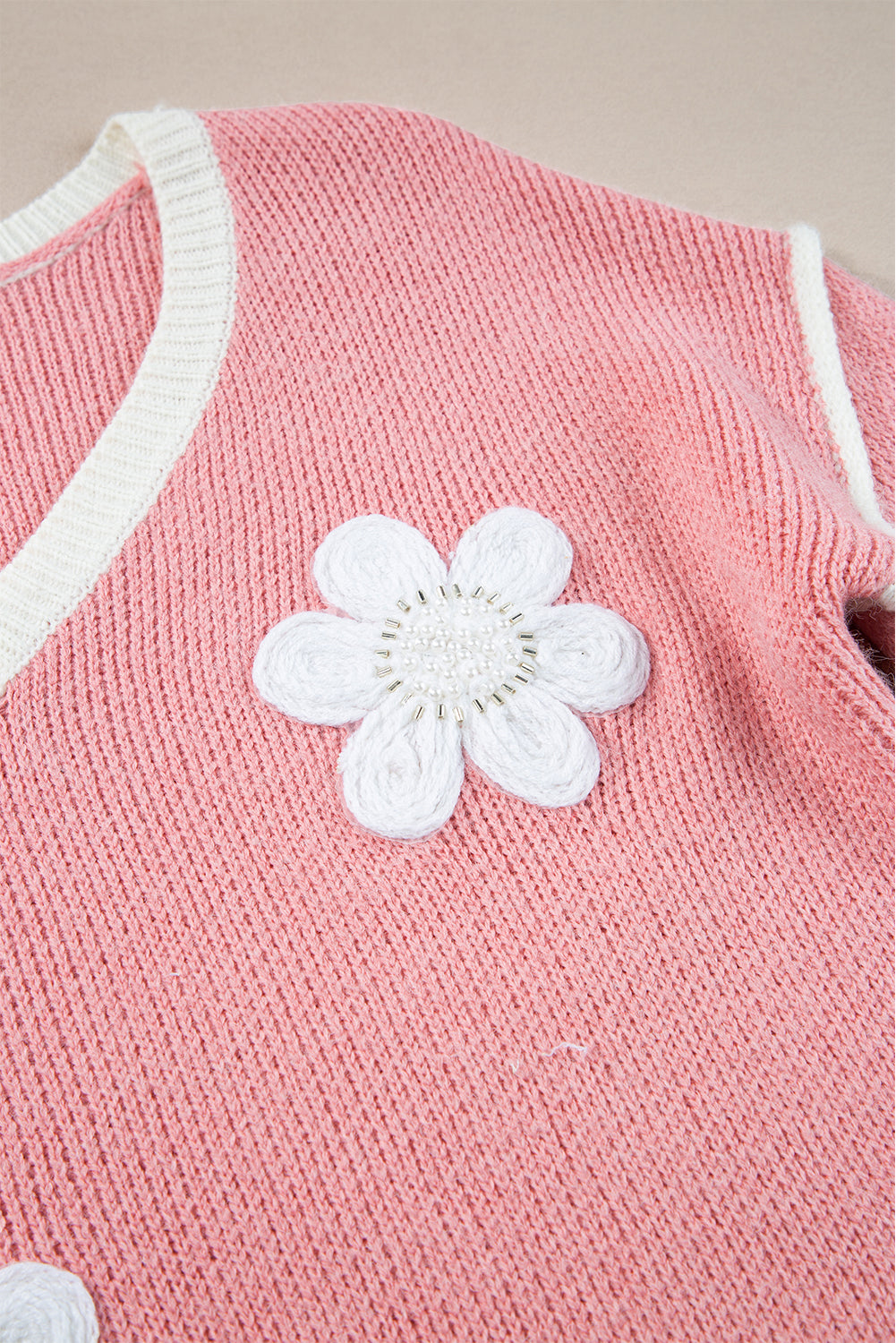 Pink Flower V Neck Dropped Shoulder Sweater