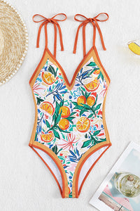 Orange Fruit Plant Print Tied Straps V Neck One Piece Swimsuit