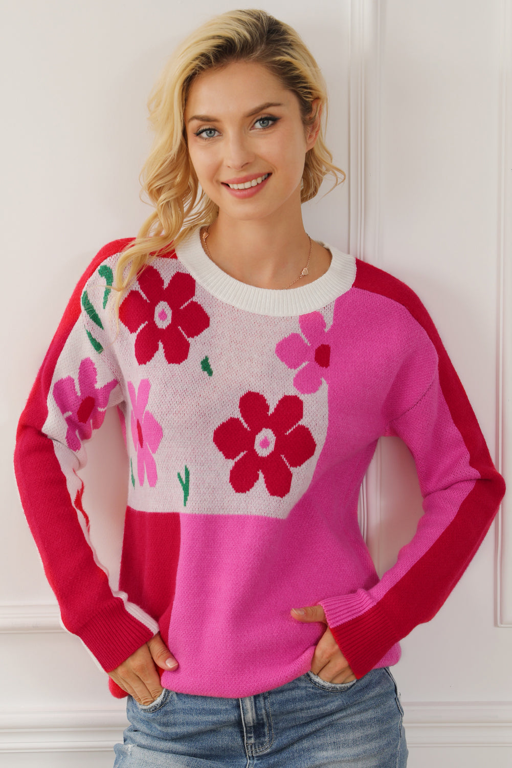 Rose Red Floral Mixed Color Block Sweater