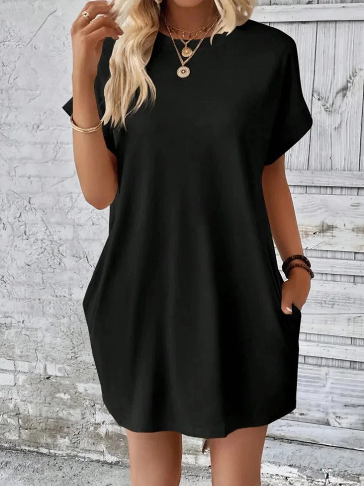 Pure Color Minimalist T-Shirt Short Dress Women Summer Round Neck Pocket Loose Dresses Robe