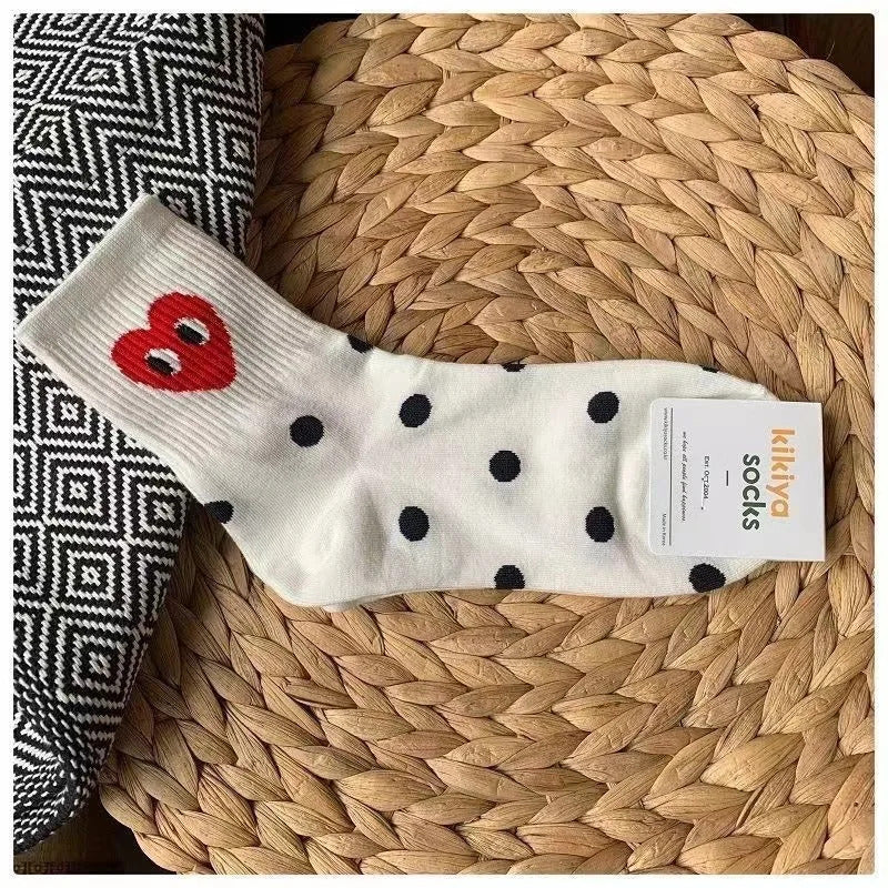 Korean version of black and white striped polka dot solid color love tide socks sports ins style trend casual socks