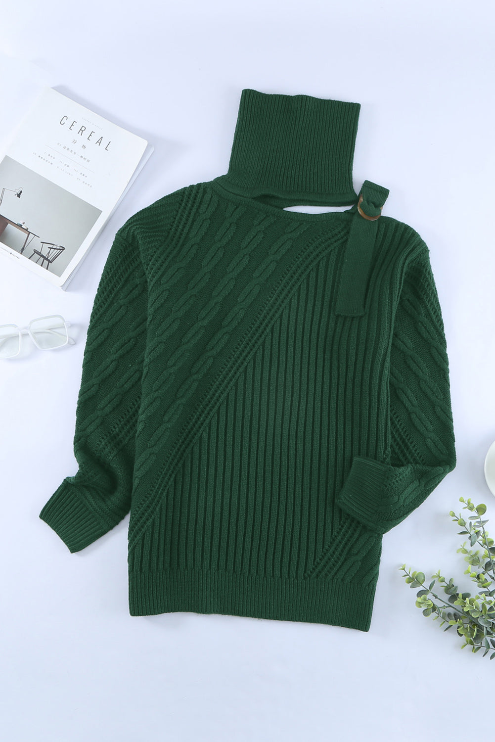 Green Strapped Cut out Shoulder Turtleneck Sweater