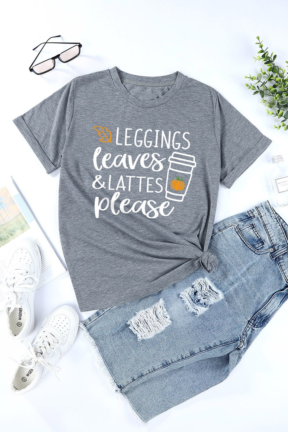 Gray Leggings Leaves and Lattes Please Graphic Tee