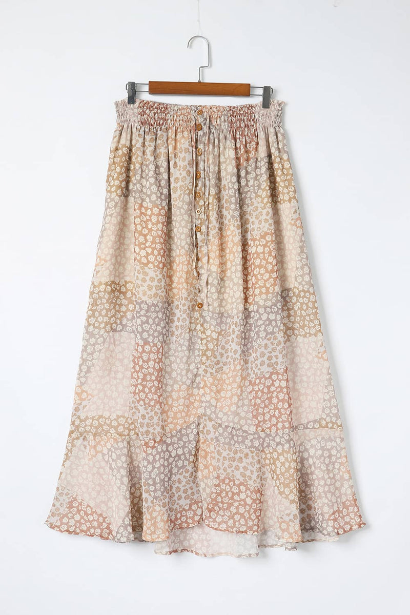 Apricot Boho Flower Print Smocked Waist Button Slit Maxi Skirt