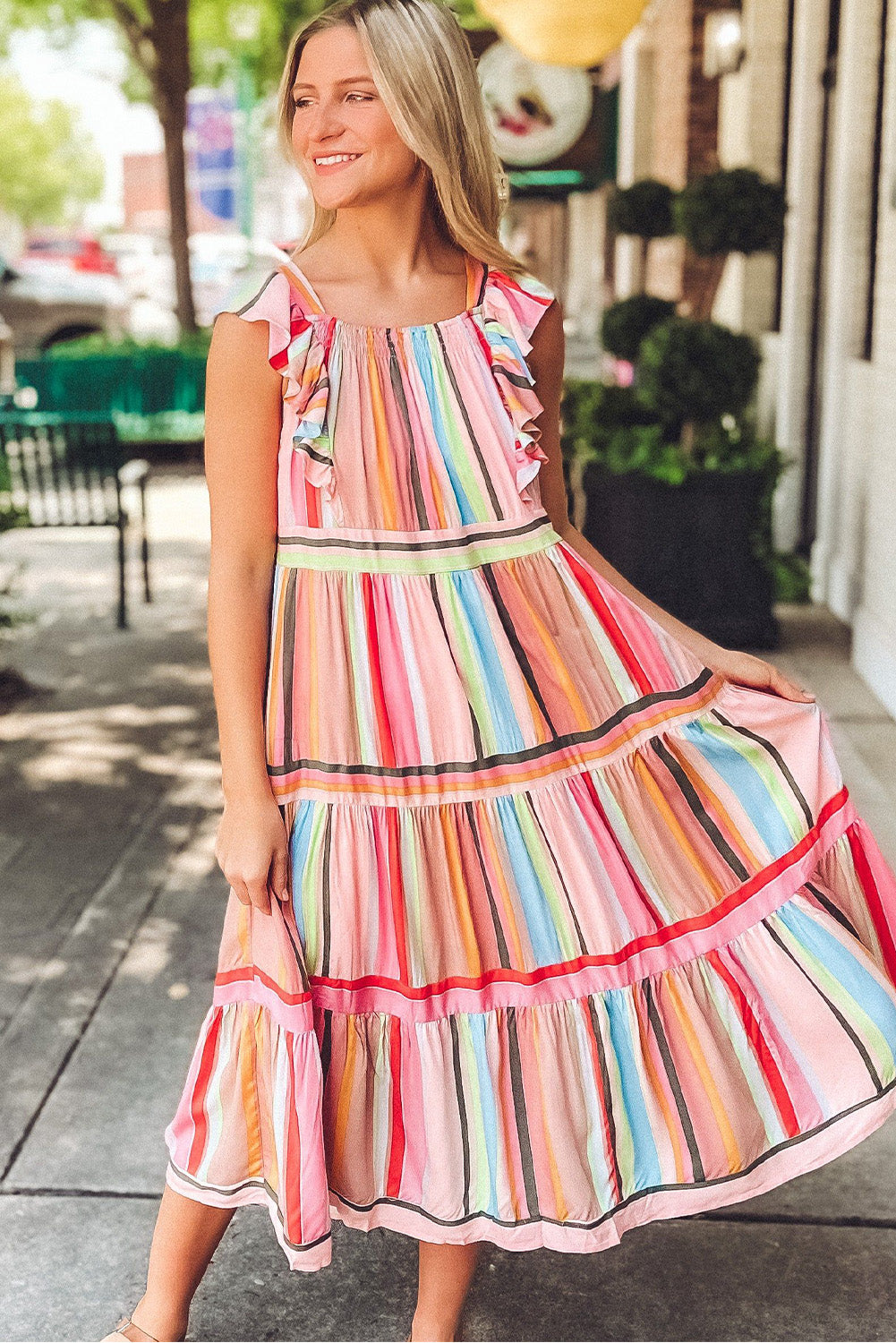 Women's Rainbow Stripe Ruffles Ruched Tiered Dress