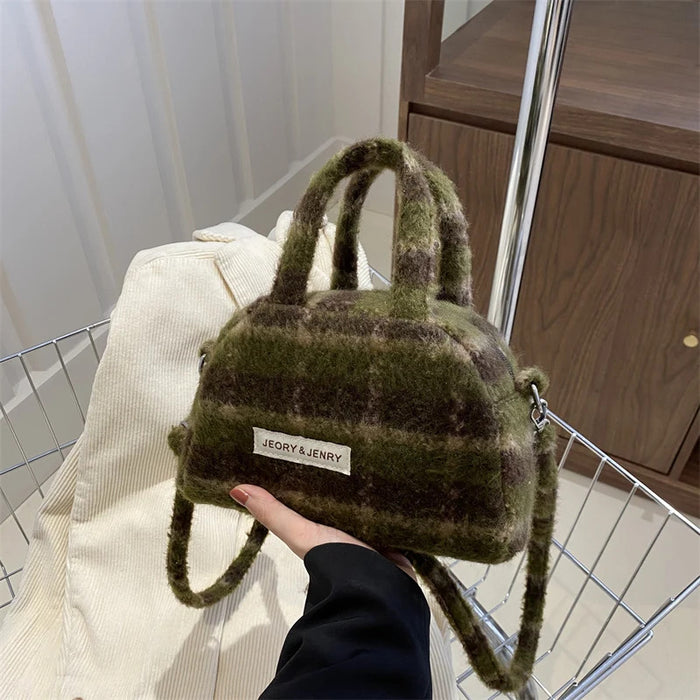 Fashion Retro Plush Plaid Women's Shoulder Bag Casual Retro Ladies Woolen Crossbody Bags Female Change Purse Tote Handbags