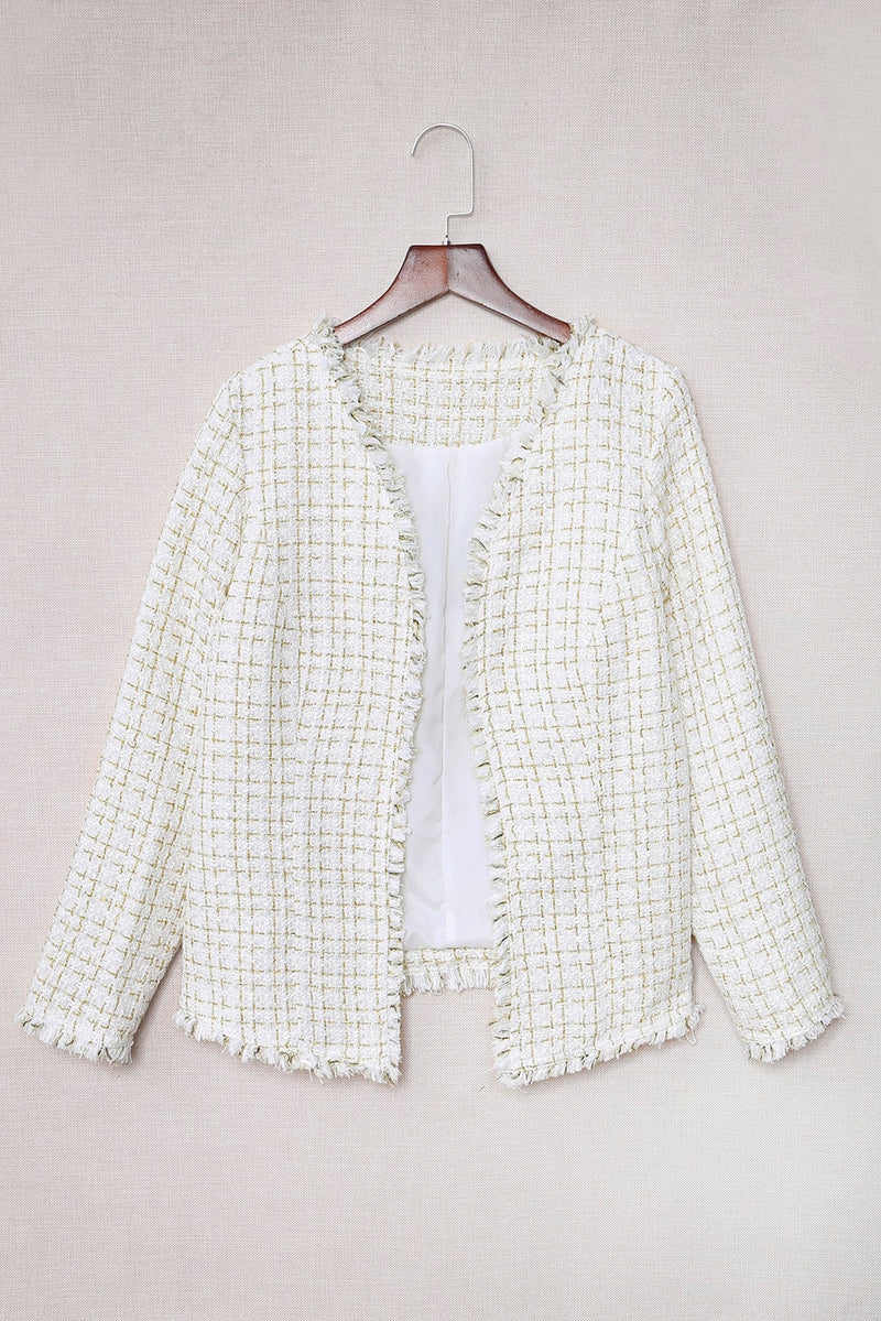 Frayed Slim-fit Open Front Plaid Jacket