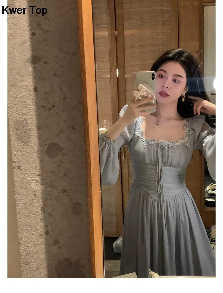 French Elegant Princess Evening Party Midi Dresses for Women Autumn Slim Bandage Long Sleeve Vestidos Korean Spring Clothes