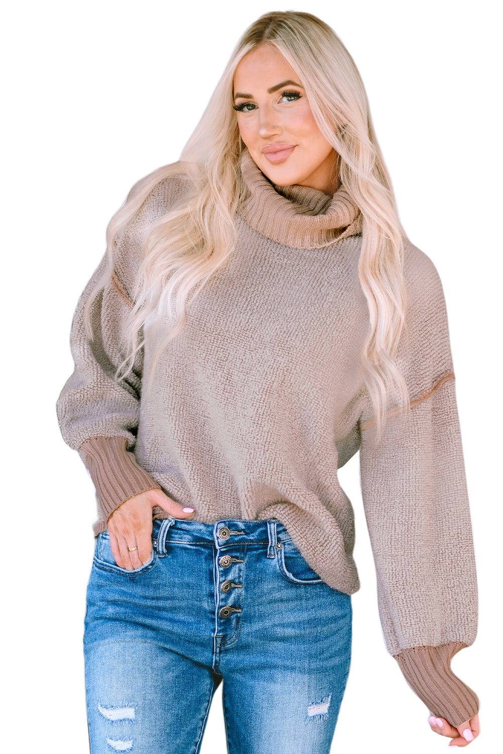 Khaki Contrast Ribbed Turtleneck Sweater