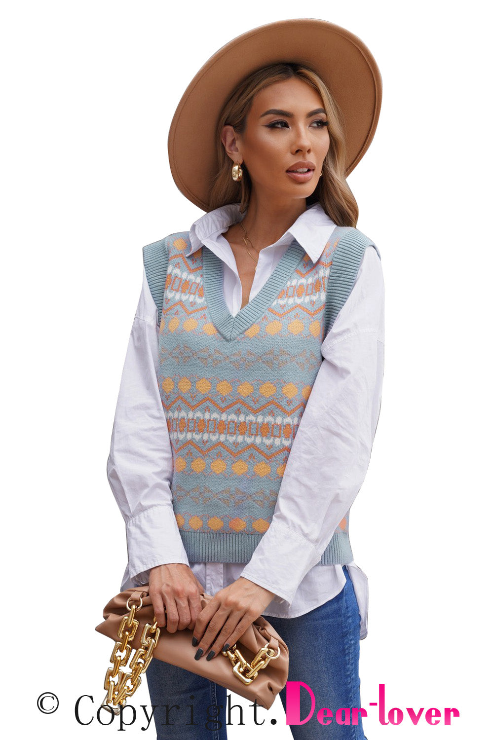 Sky Blue Tribal Print V Neck Knitted Sweater Vest