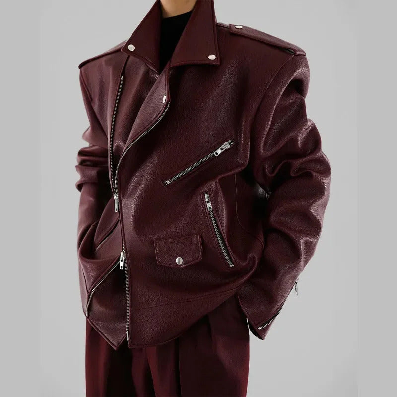 Women Burgundy Leather Double Zipper Motorcycle Jacket Fashion Loose Lapel Long Sleeve Pu Cropped Coats Autumn Female Streetwear