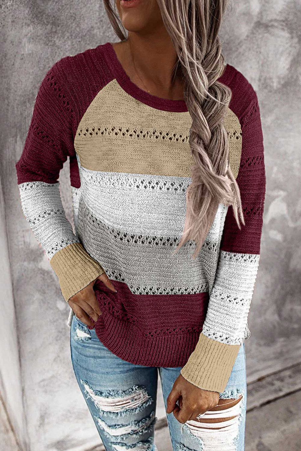 Wine Accent Knitted Color Block Long Sleeve Crew Neck Sweater