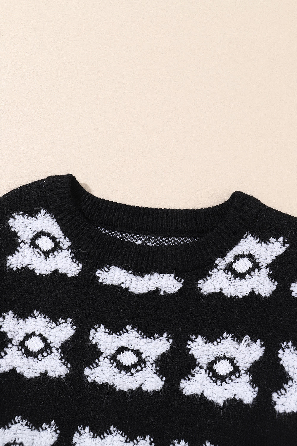 White Printed Retro Flower Pattern Knit Fuzzy Sweater