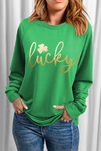 Green Lucky Glitter Graphic Raglan Sleeve Pullover Sweatshirt