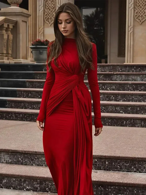 Burgundy  Sexy Pleated Lace Up Long Dress Lady Fashion Round Neck Slim Fit Long Sleeved Evening Gown 2024 New Chic Outfits