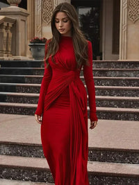 Burgundy  Sexy Pleated Lace Up Long Dress Lady Fashion Round Neck Slim Fit Long Sleeved Evening Gown 2024 New Chic Outfits