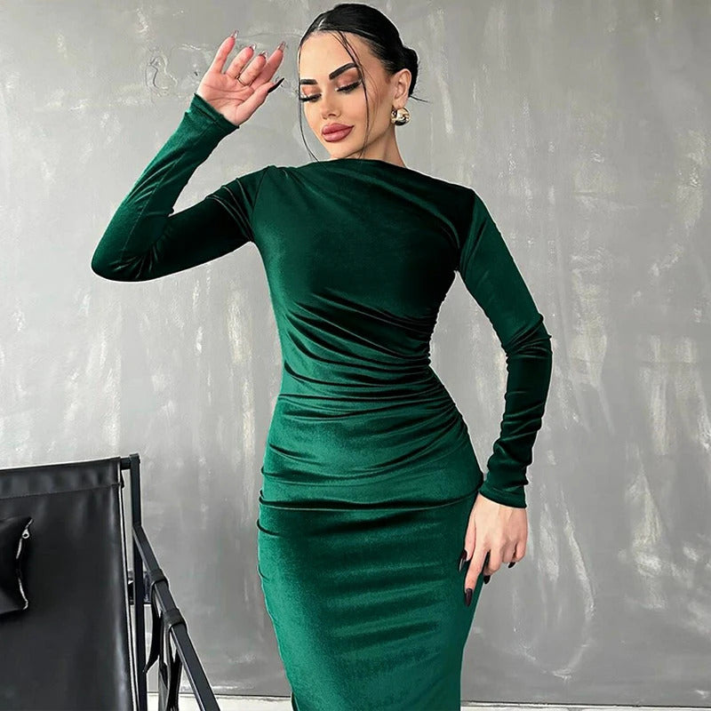 Dulzura Velvet Solid Midi Dress Long Sleeves 2023 Autumn Winter Women'S Outfits Sexy Wholesale Drop Shipping Clubwear Birthday