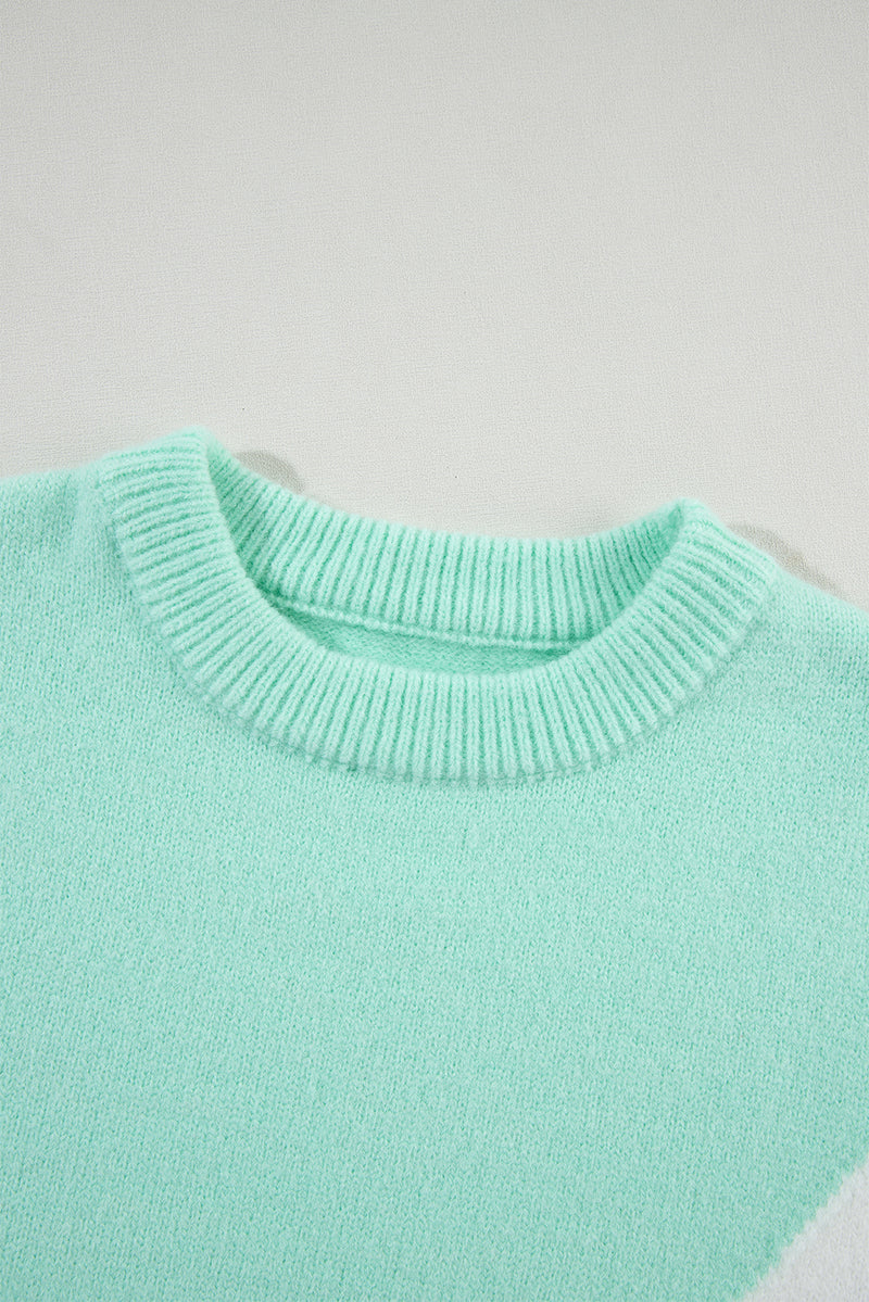 Green Chevron Colorblock Ribbed Knit Drop Shoulder Sweater