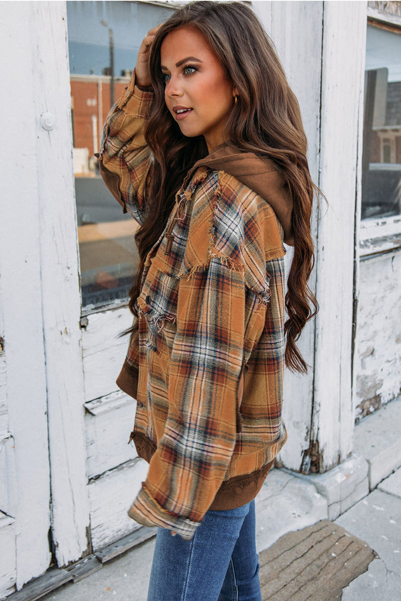 Chestnut Plaid Patch Hooded Frayed Snap Button Jacket