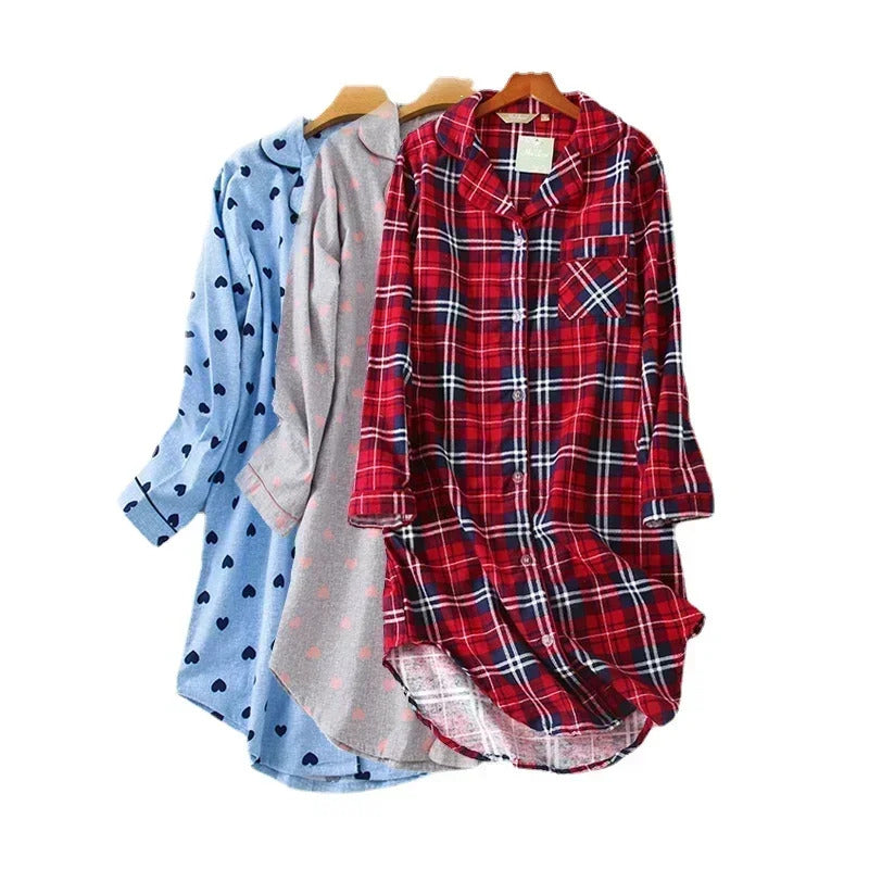 Flannel Cotton Home Nightdress Cardigan Shirt Night Dress Cute Cartoon Plaid Design Sleepwear Fashion Sleeping Shirt Woman