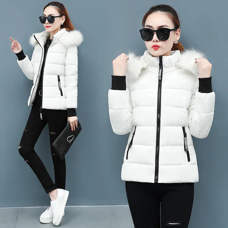 Zipper Fur Hooded Short Down Cotton Jacket Thickened Coat Fall Winter Casual Elegant Long Sleeve Warm Pockets Women Clothing New