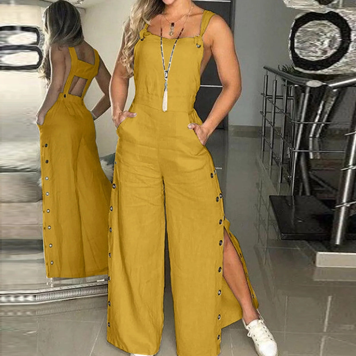 Summer Fashion Womens Sleeveless Jumpsuit Rompers Ladies Solid Wide Leg Button Openings Long Trousers Suspenders Overalls Pocket