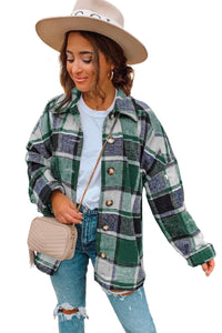 Green Plaid Print Buttoned Shirt Jacket