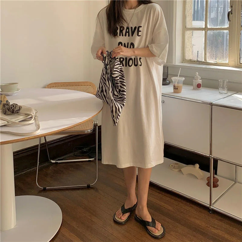 Harajuku Graphic White Long Dress Woman Clothing Y2k Casual Short Sleeve O-Neck Korean Fashion Summer Womens Loose Dresses 2024