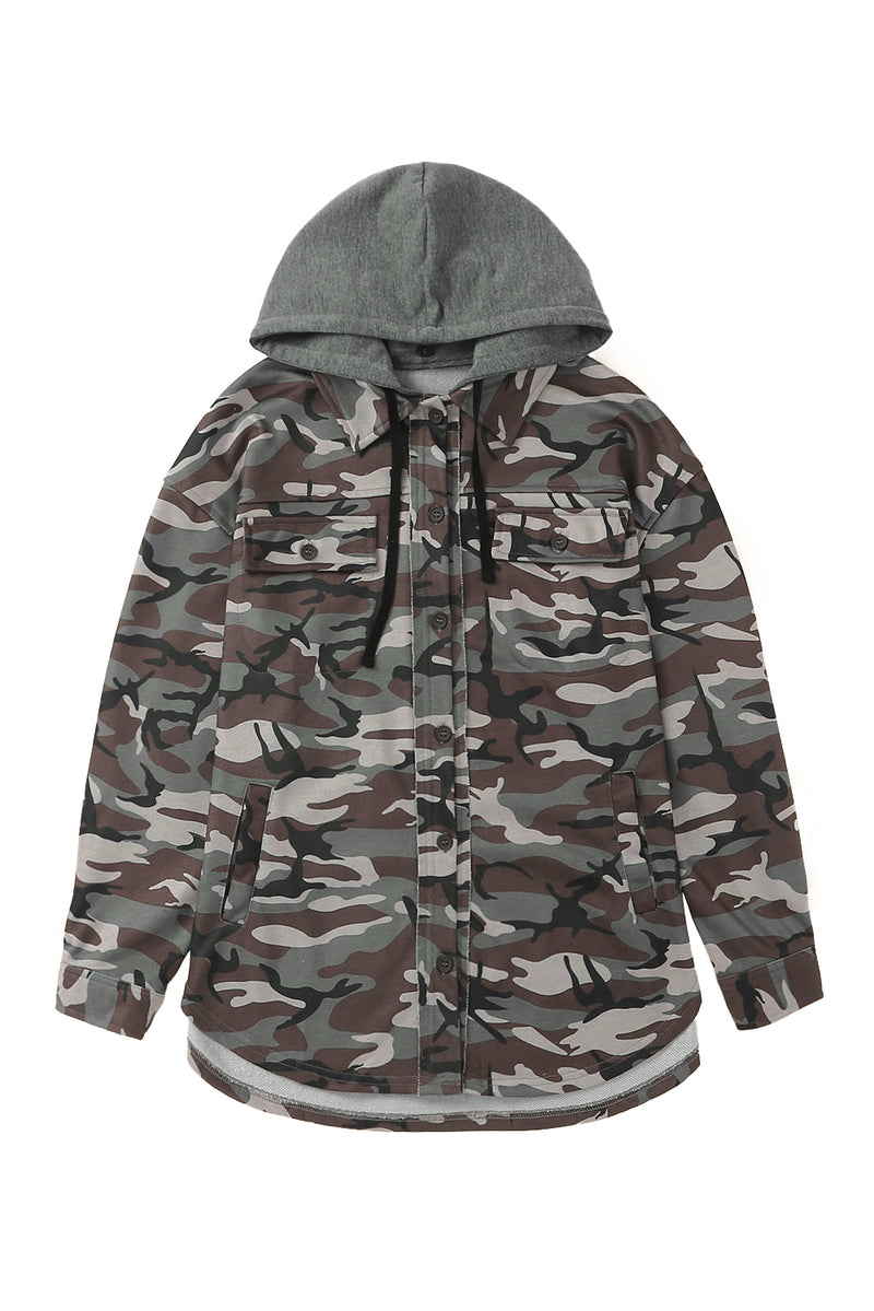 Green Camo Print Button up Hooded Jacket