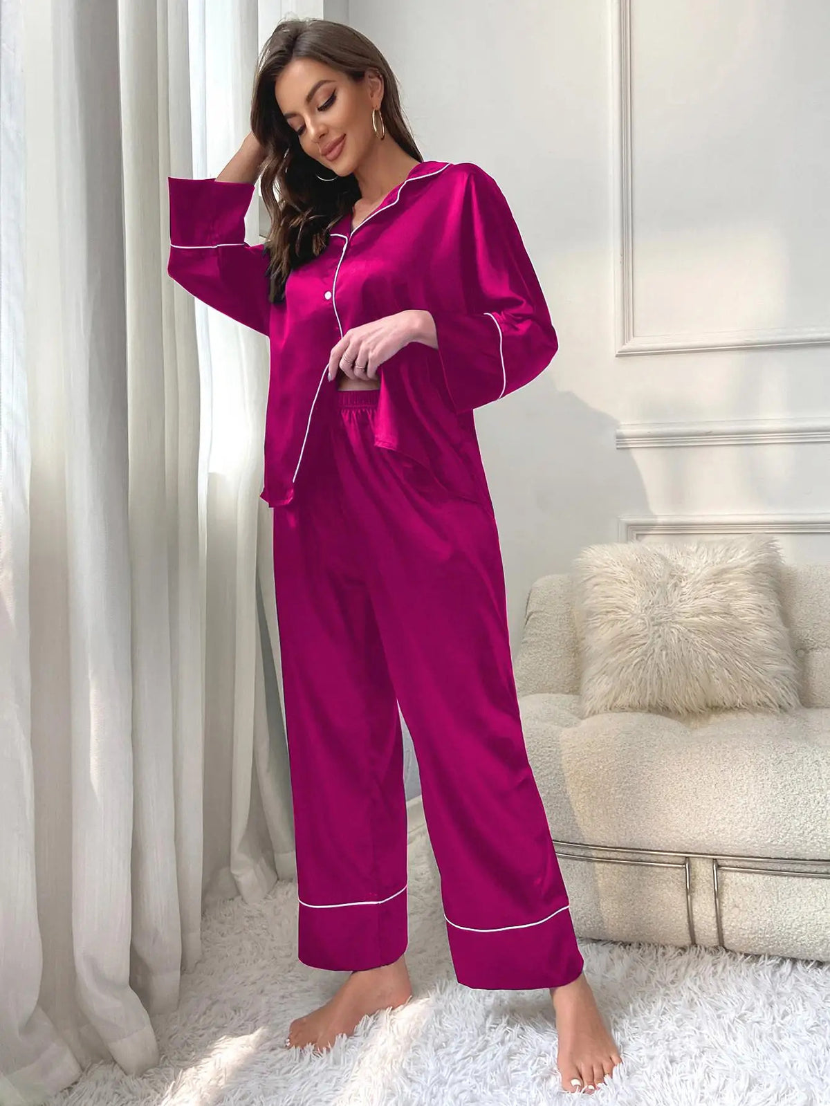 Silk Satin Women‘s Pajamas Set Notched Collar Top & Wide Leg Long Pants 2 Pieces Sleepwear Female Loungewear Like Leisure Suit