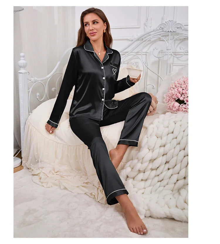 Autumn Satin Pajama for Women Heart-shaped Embroidery Sleepwear & Loungewear Long Sleeve Top & Pants Home Clothes Pyjama 2 Piece