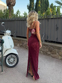 Women Chic Burgundy Lace Back Slit Maxi Dress Sexy Skinny Square Neck Backless Sling Robe 2024 New Lady Elegant Cocktail Dresses