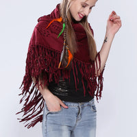 Women's Loose Suede Fringe Open Poncho Cloak Shawl Wrap with Punch Hole Patterns and Graceful Fringes Dropshipping