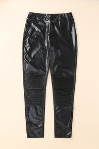 PU Leather Zipper Ripped Ruched High Waist Leggings