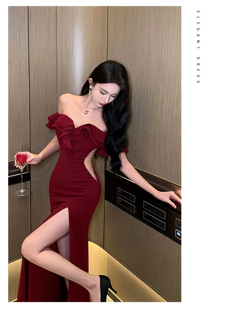 Sexy Bodycon Long Dresses for Women Wedding Evening Party Prom Robe Ruffles Slash Neck High Split Hollow Out Summer New Vestido