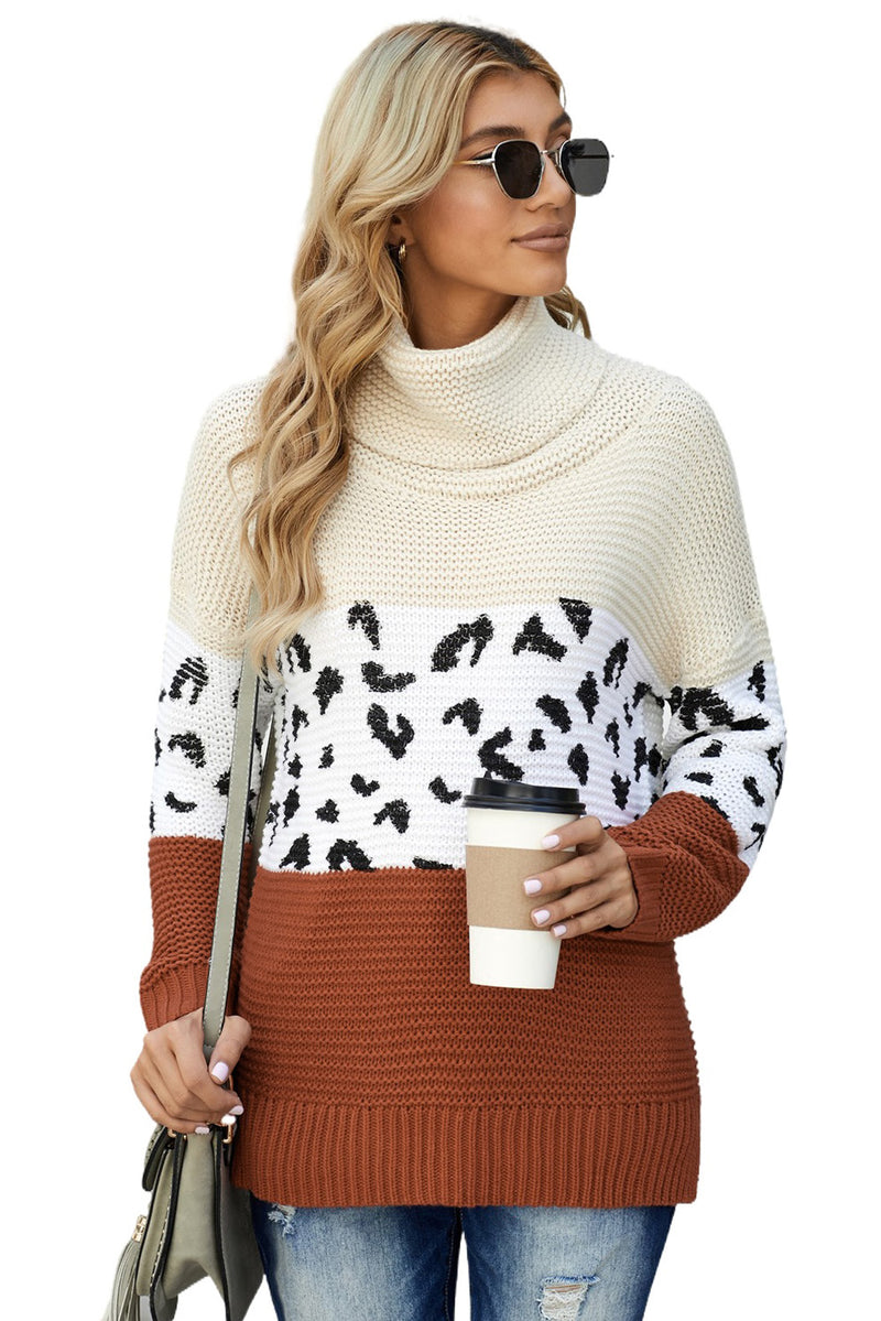 Apricot Turtleneck Splicing Chunky Knit Pullover Sweater