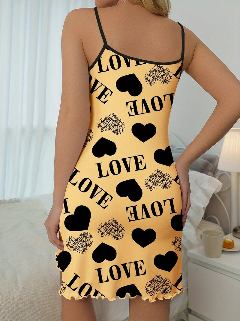 1 Piece Casual & Comfy Heart & Letter Print Nightdress, Lettuce Trim Sexy Slip Short Nightdress, Women's Sleepwear & Dresses