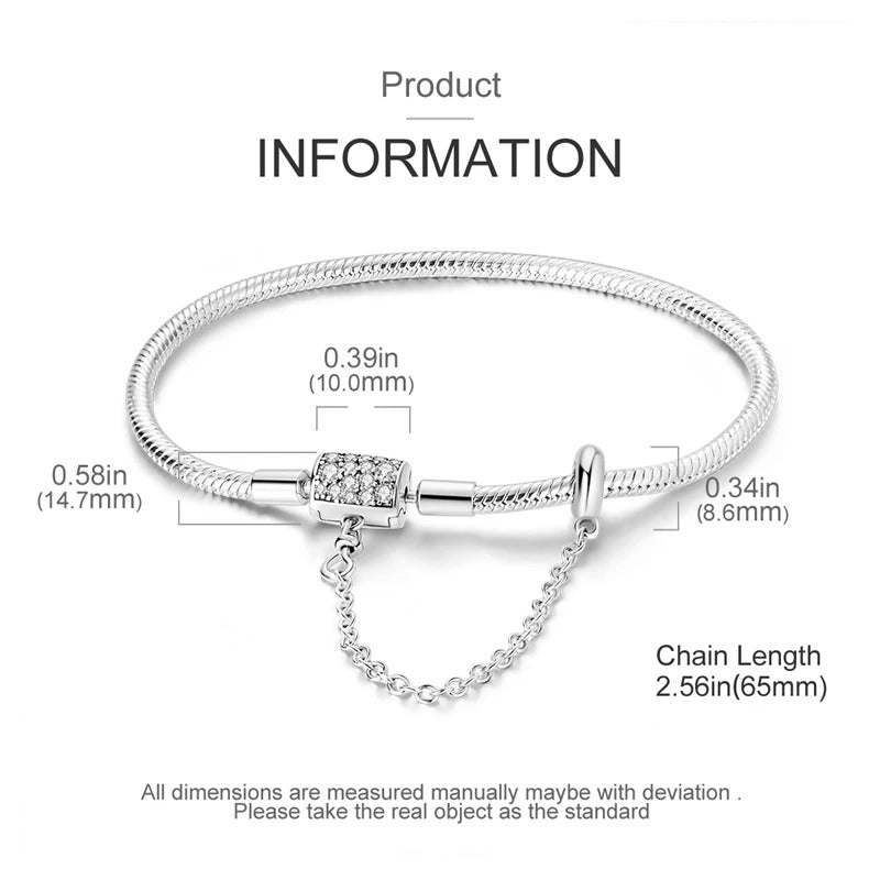 Original Bracelets 925 Silver 17-20CM Heart Safety 3mm Chain Snake Bone Bracelet Fit DIY Charms Bead Birthday Jewelry Gifts