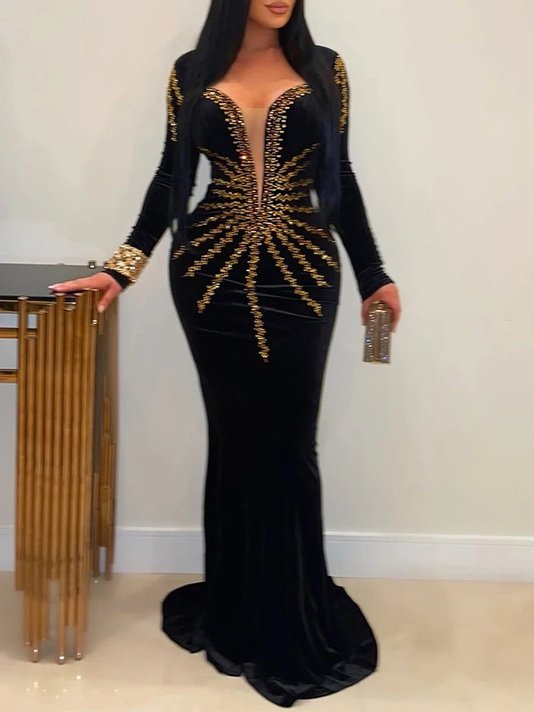 Elegant Diamonds Velvet Long Party Dress for Women Sexy Deep V Evening Gown Formal Black Slim Dress Robe