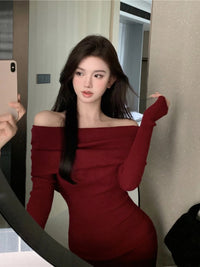 Sexy Dresses Women Backless Knitting Slim Y2k Girls Tender Korean Style Soft Casual Autumn Slash Neck Hotsweet Cozy New Clubwear