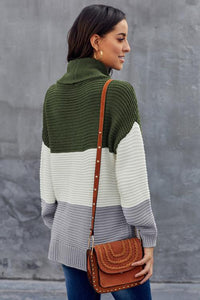 Green Turtleneck Color Block Pullover Sweater