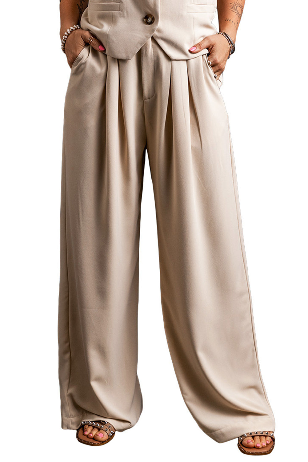 Apricot Elastic Waist Pleated Wide Leg Pants