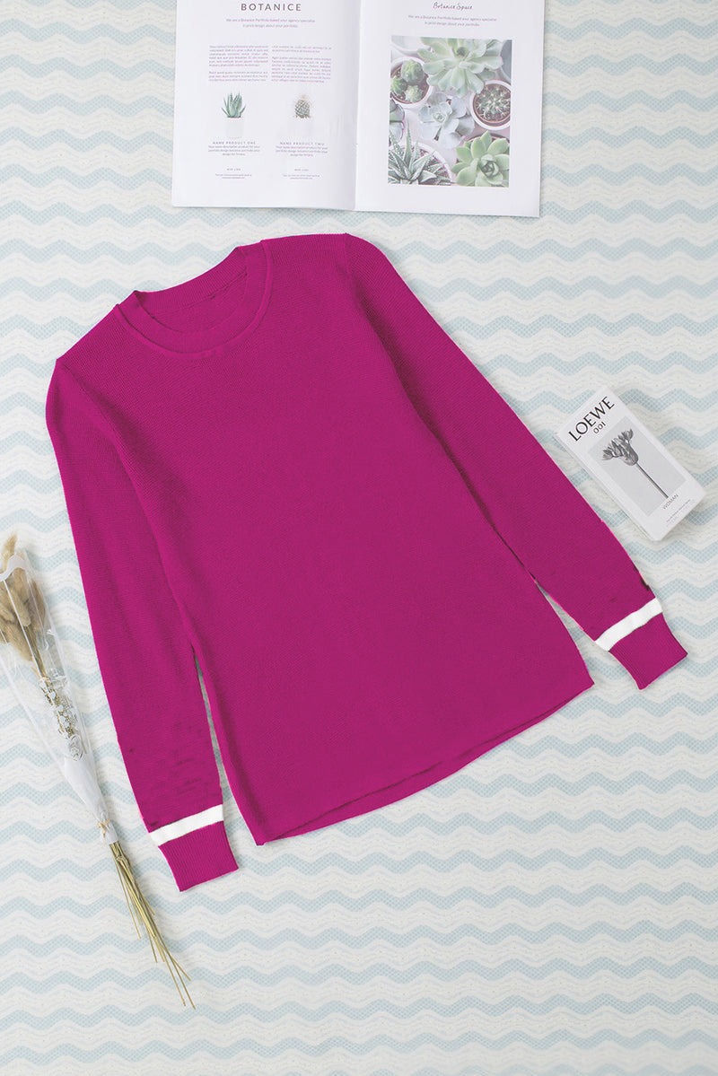 Rose Red Ribbed Trim Crew Neck Long Sleeve Sweater