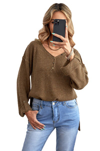 Brown Buttoned Drop Shoulder Knitted Sweater