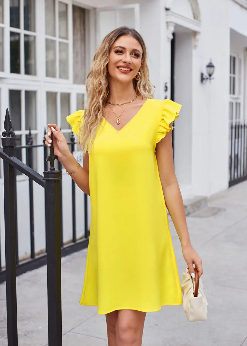 Summer Women's New Product V-neck Bubble Sleeves Loose Fashion Dress Female Yellow Solid A-Line Mini Dress Femme Robe Streetwear