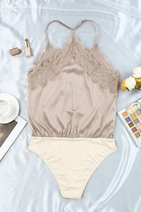 Apricot Lace Neckline Sleeveless Satin Bodysuit