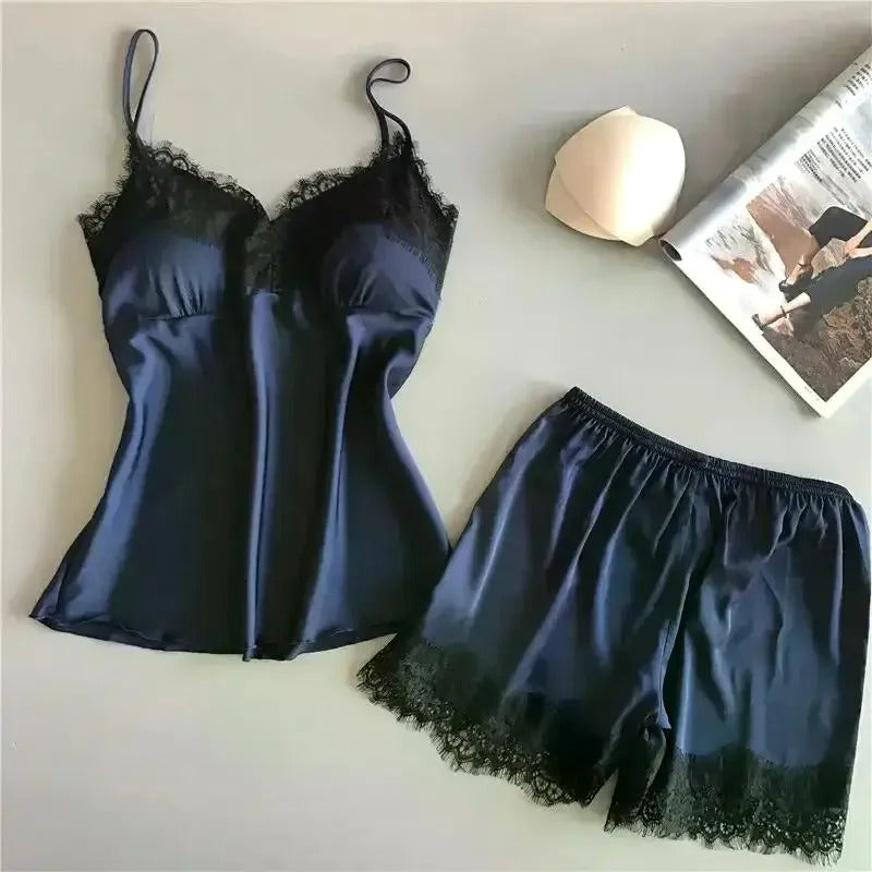 Women Satin European and American Ice Silk Pajama Suit V-Neck Lace Seamless Sexy Lingerie Homewear Pyjamas Shorts Sets Sleepwear