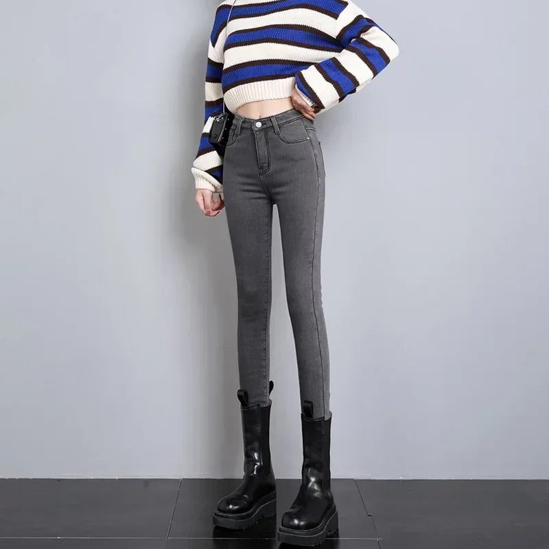 Women Thermal Skinny Jeans Mom Winter Warm Plush Stretch Jeans Lady Fleece Snow Denim Pants Student Pencil Straight Leg Trousers